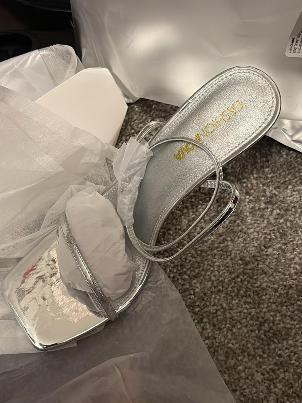 Fashion Nova Silver Metallic Strappy Square-Toe Heel Sandal